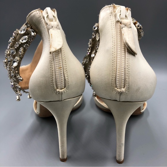 Badgley Mischka Satin Open Toe Jeweled Ankle Cuff Heels Size 9 - Picture 8 of 10